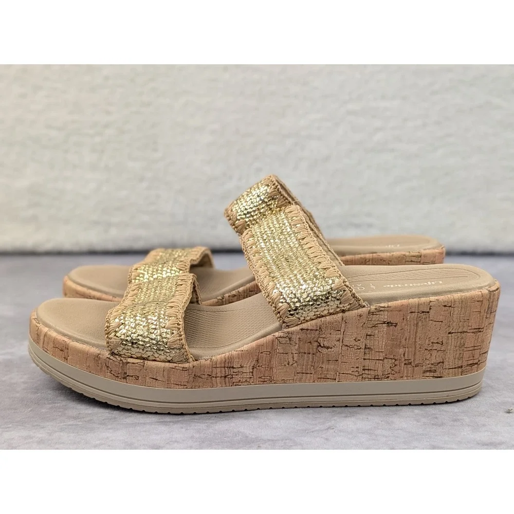 LifeStride BZees Air Step Resort Gold Metallic Cork Wedge Sandals Womens 9M